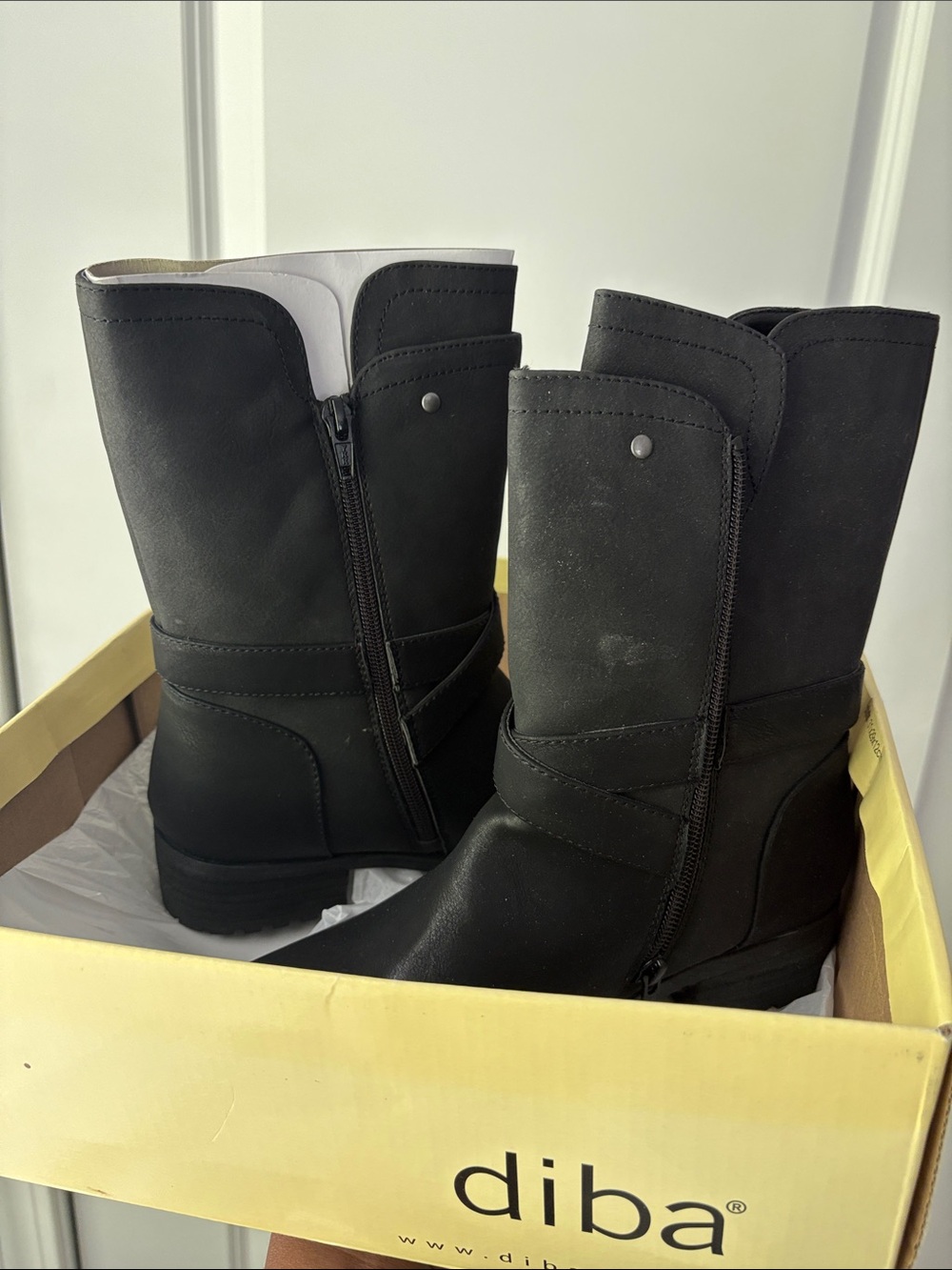 Diba Black Mid-Calf Zip-Up Heeled Boots